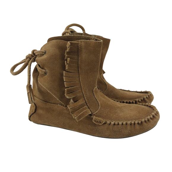 J Crew Moccasins Tan Suede Leather Size 7 Tassel Fringe Boho - Picture 2 of 11